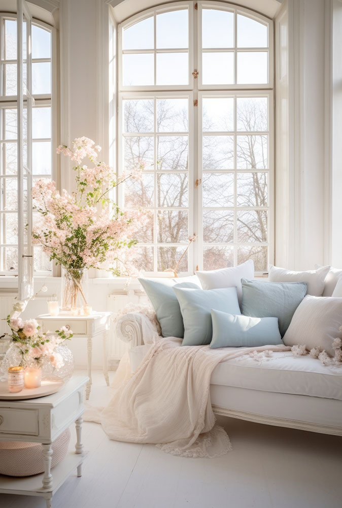 An airy, bright living room features delicate blossoming branches and plush cushions for spring home decor, exuding a calm sophistication.