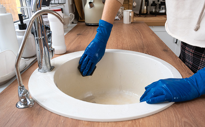 Woman wears protective gloves to deodorize and clean kitchen garbage disposal.