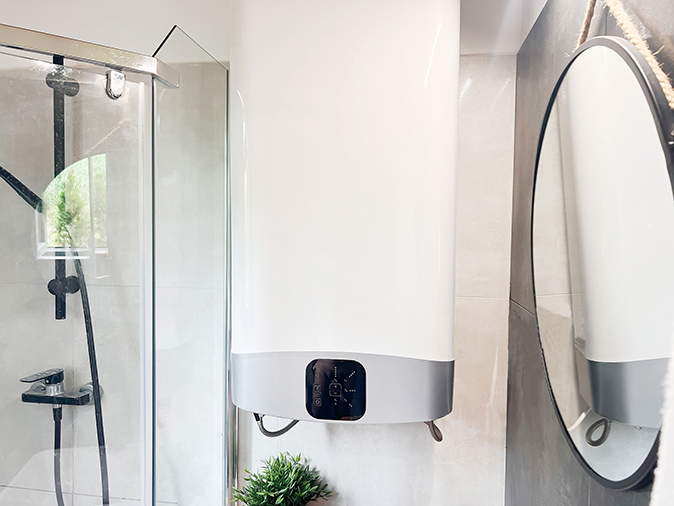 An electric tankless water heater on the wall of a bathroom.