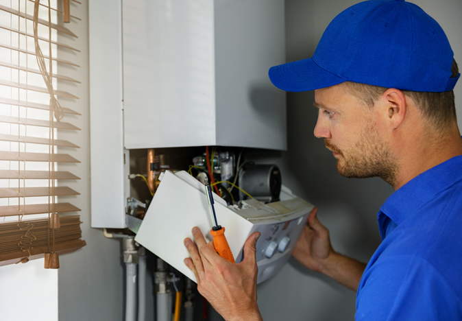 A handyman tending to a gas tankless water heater.