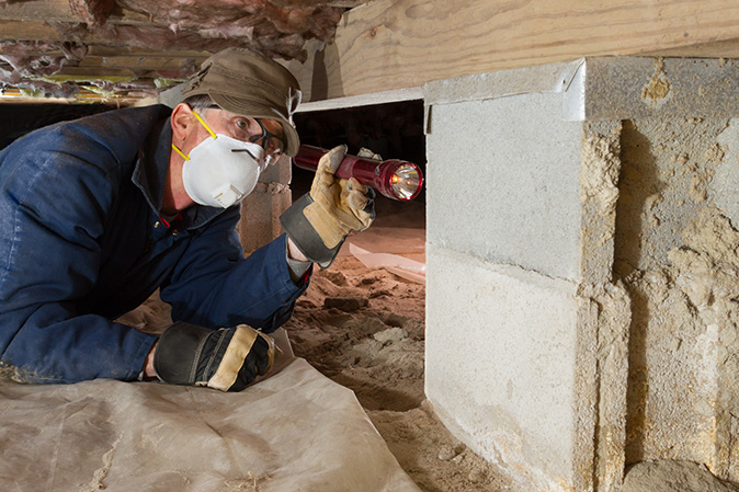 A termite control specialist wearing overalls, gloves, goggles, a mask, and a hat uses a flashlight while crawling underneath a house to inspect for signs of a termite infestation.
