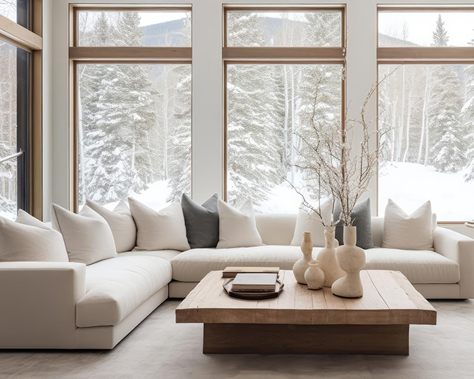 Posh living room with plush pillows on a white sectional sofa and a winter landscape visible through a wall of full-length windows.